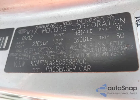 2012 Kia Forte Ex z USA, uszkodzony, nr VIN KNAFU4A25C5588200